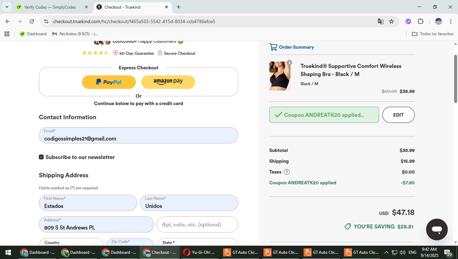 Truekind discount code screenshot showing code ANDREATK20 applied at Truekind checkout page. Uploaded by SimplyCodes community member TrevorPhilips on Sep 14, 2025