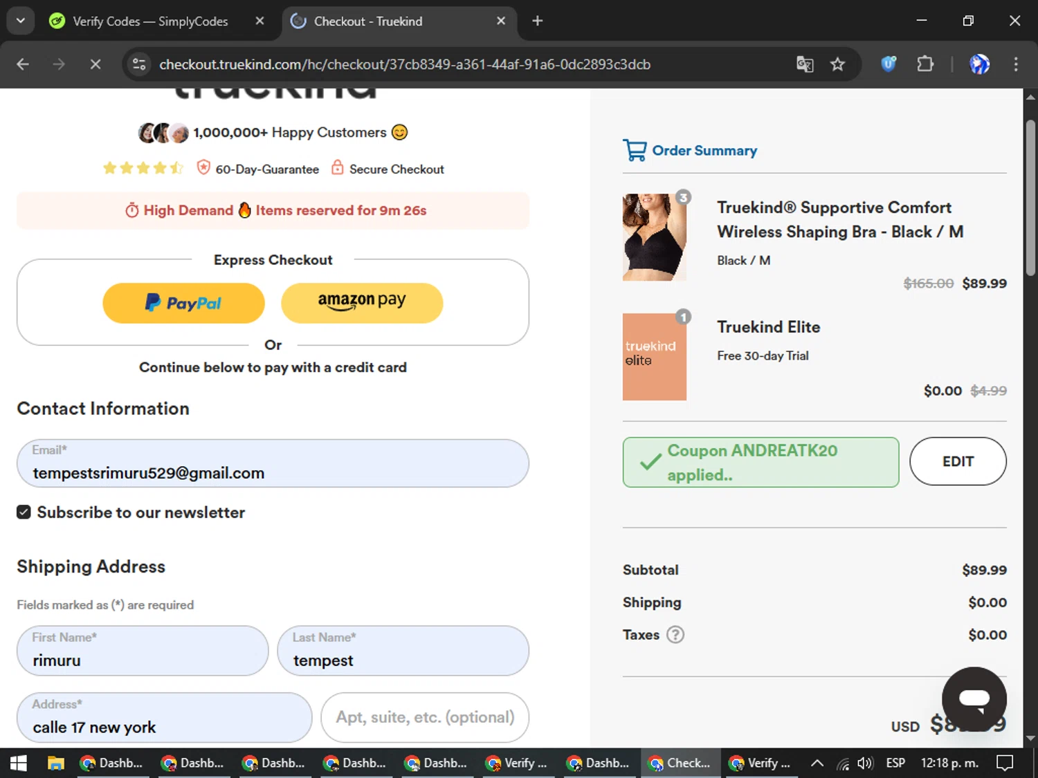 Truekind discount code screenshot showing code ANDREATK20 applied at Truekind checkout page. Uploaded by SimplyCodes community member WiseHunter8213 on Dec 10, 2025