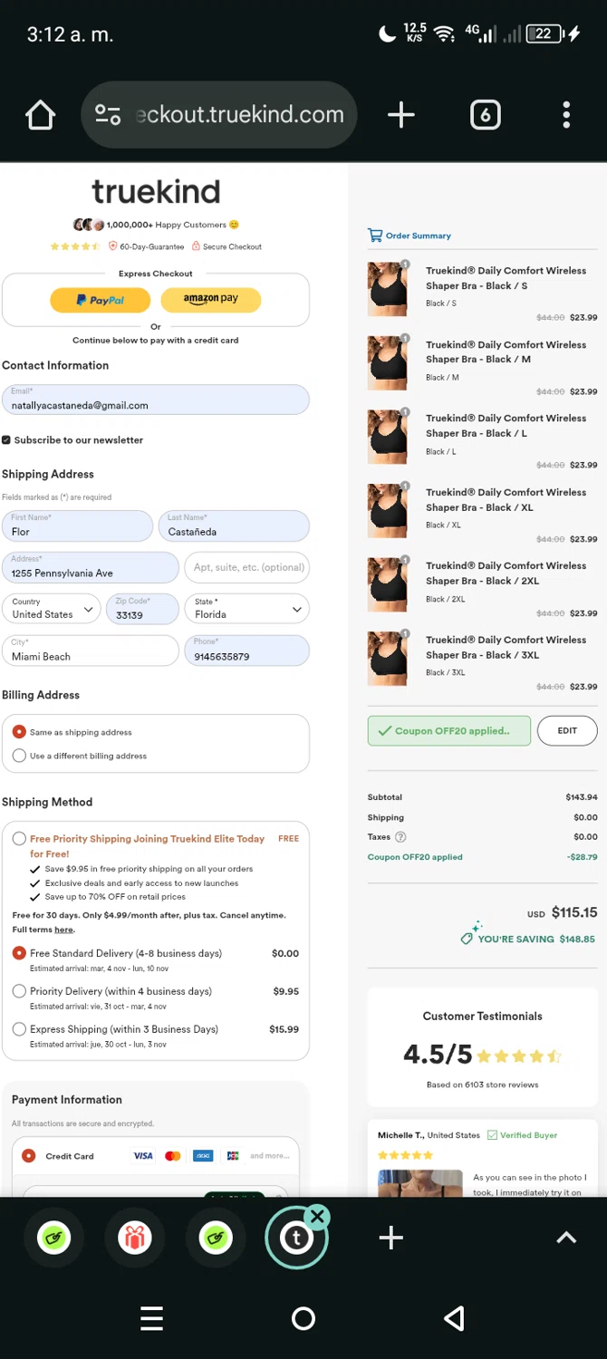 Truekind discount code screenshot showing code OFF20 applied at Truekind checkout page. Uploaded by SimplyCodes community member Eltoro20 on Oct 29, 2025