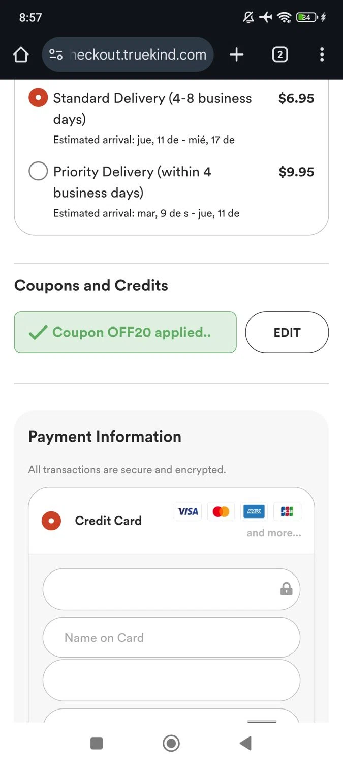 Truekind discount code screenshot showing code OFF20 applied at Truekind checkout page. Uploaded by SimplyCodes community member RoyalSpotter5217 on Sep 5, 2025