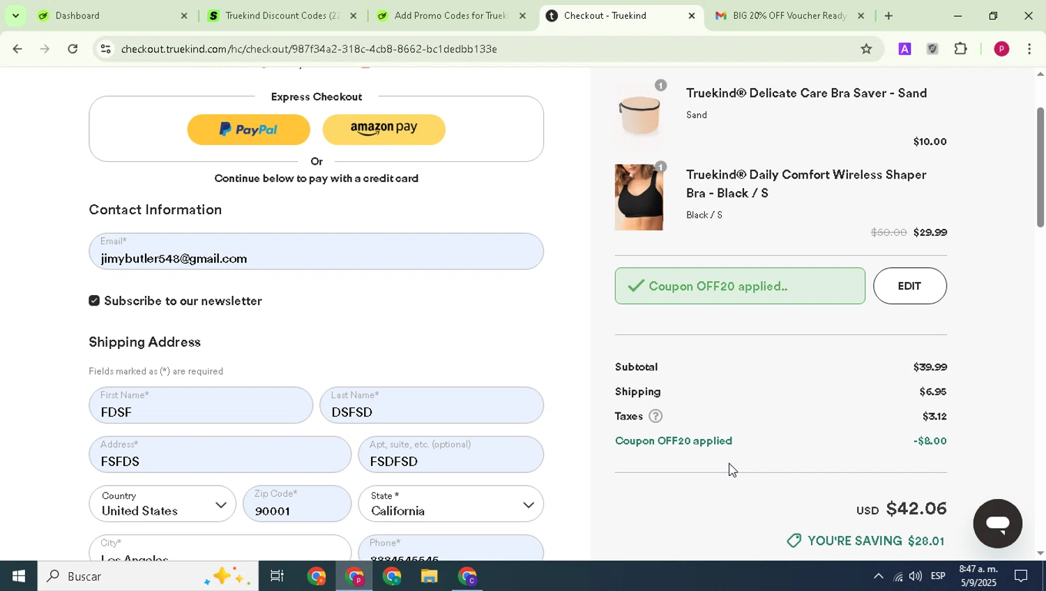 Truekind discount code screenshot showing code OFF20 applied at Truekind checkout page. Uploaded by SimplyCodes community member Paul_Skenes on Sep 5, 2025