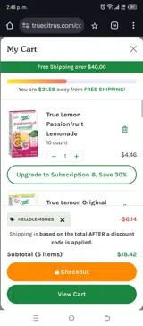True Lemon Store coupon verification screenshot