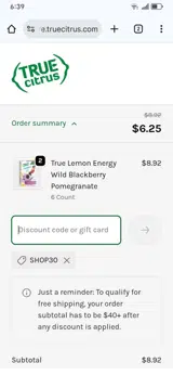 True Lemon Store coupon verification screenshot