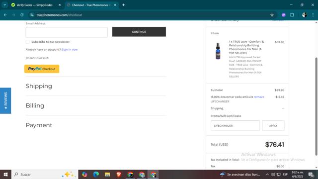 True Pheromones checkout page showing True Pheromones coupon code box | Screenshot taken by SimplyCodes community member on Jun 6, 2025