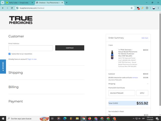 True Pheromones checkout page showing True Pheromones coupon code box | Screenshot taken by SimplyCodes community member on Apr 17, 2025