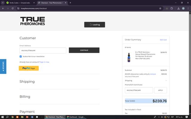 True Pheromones checkout page showing True Pheromones coupon code box | Screenshot taken by SimplyCodes community member on May 10, 2025