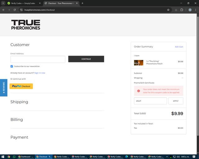 True Pheromones checkout page showing True Pheromones coupon code box | Screenshot taken by SimplyCodes community member on May 10, 2025