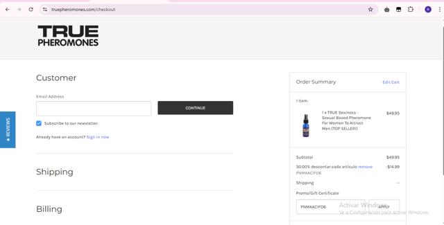 True Pheromones checkout page showing True Pheromones coupon code box | Screenshot taken by SimplyCodes community member on Apr 17, 2025