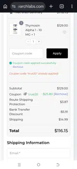 True Research Labs coupon verification screenshot