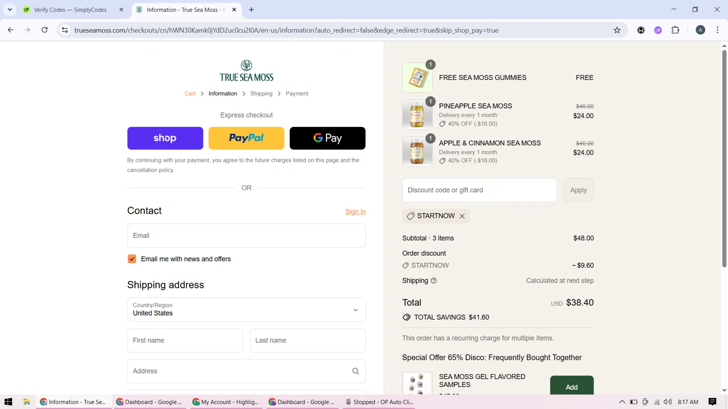 TrueSeaMoss discount code screenshot showing code STARTNOW applied at TrueSeaMoss checkout page. Uploaded by SimplyCodes community member BonusMonarch7015 on Sep 15, 2025