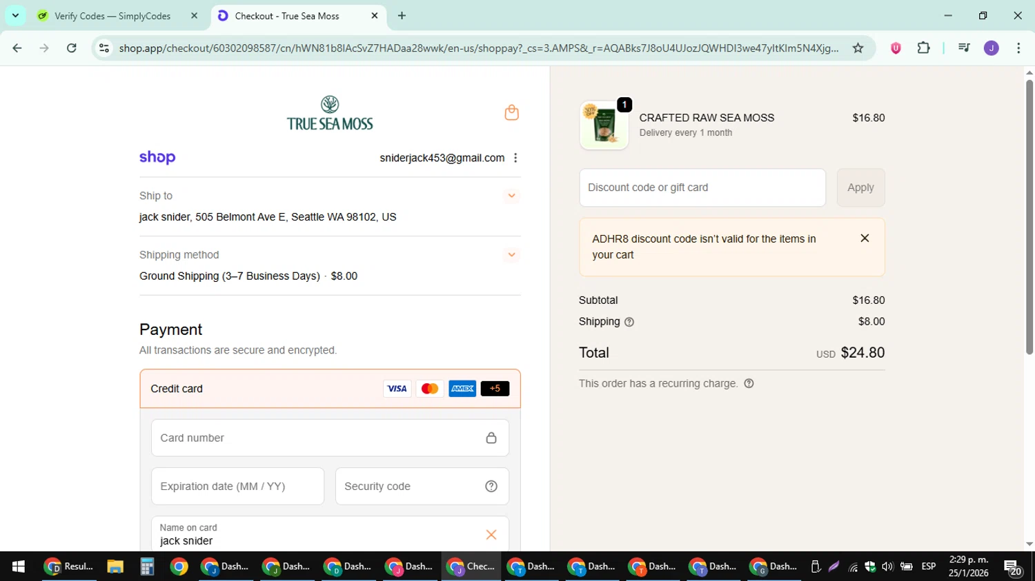 TrueSeaMoss discount code screenshot showing code ADHR8 applied at TrueSeaMoss checkout page. Uploaded by SimplyCodes community member sniderjack453 on Jan 25, 2026