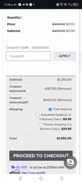 Welcome15 coupon verification screenshot