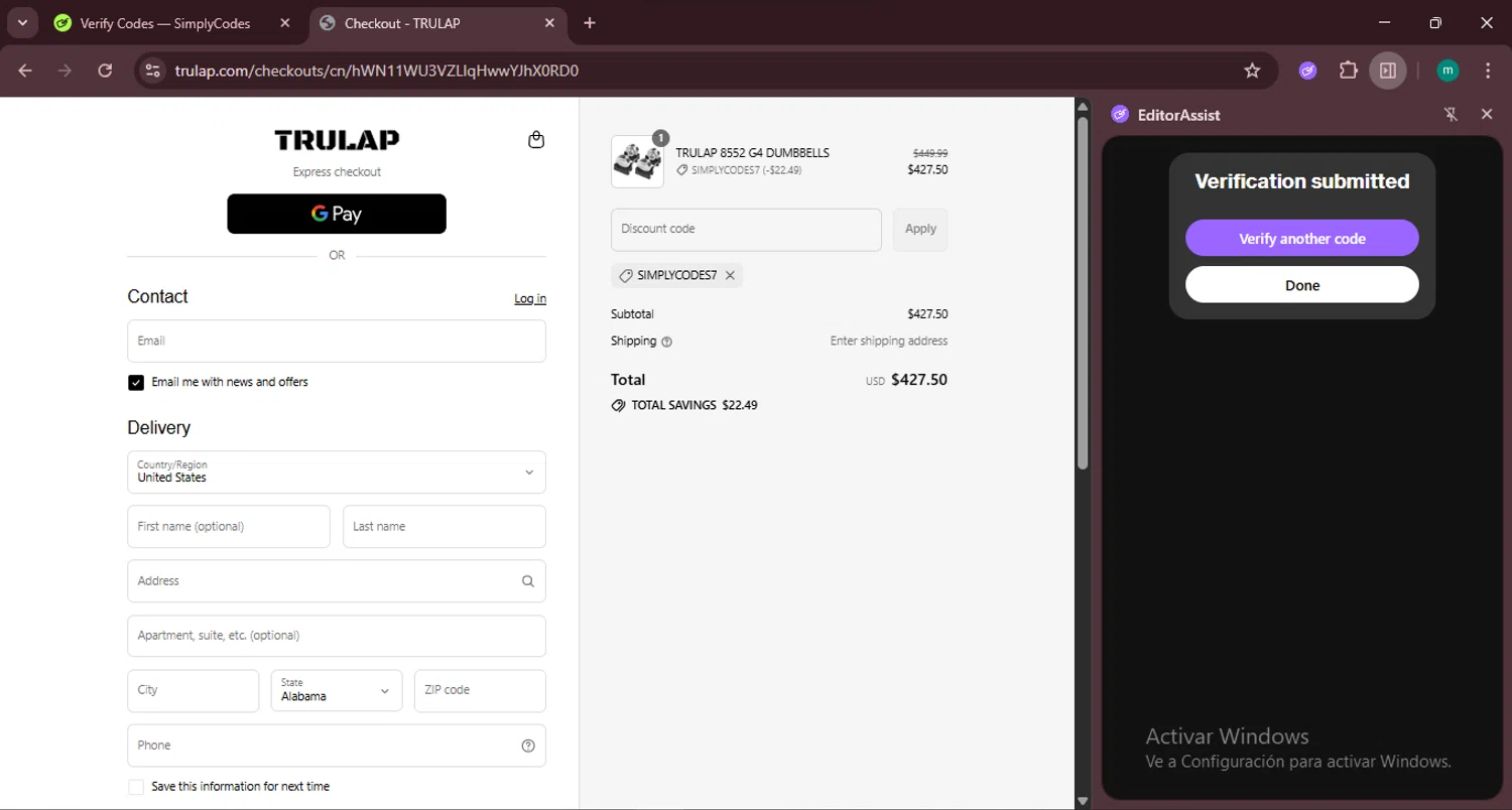 Trulap coupon code screenshot showing code SIMPLYCODES7 applied at Trulap checkout page. Uploaded by SimplyCodes community member CrownSpotter4262 on Jul 25, 2025