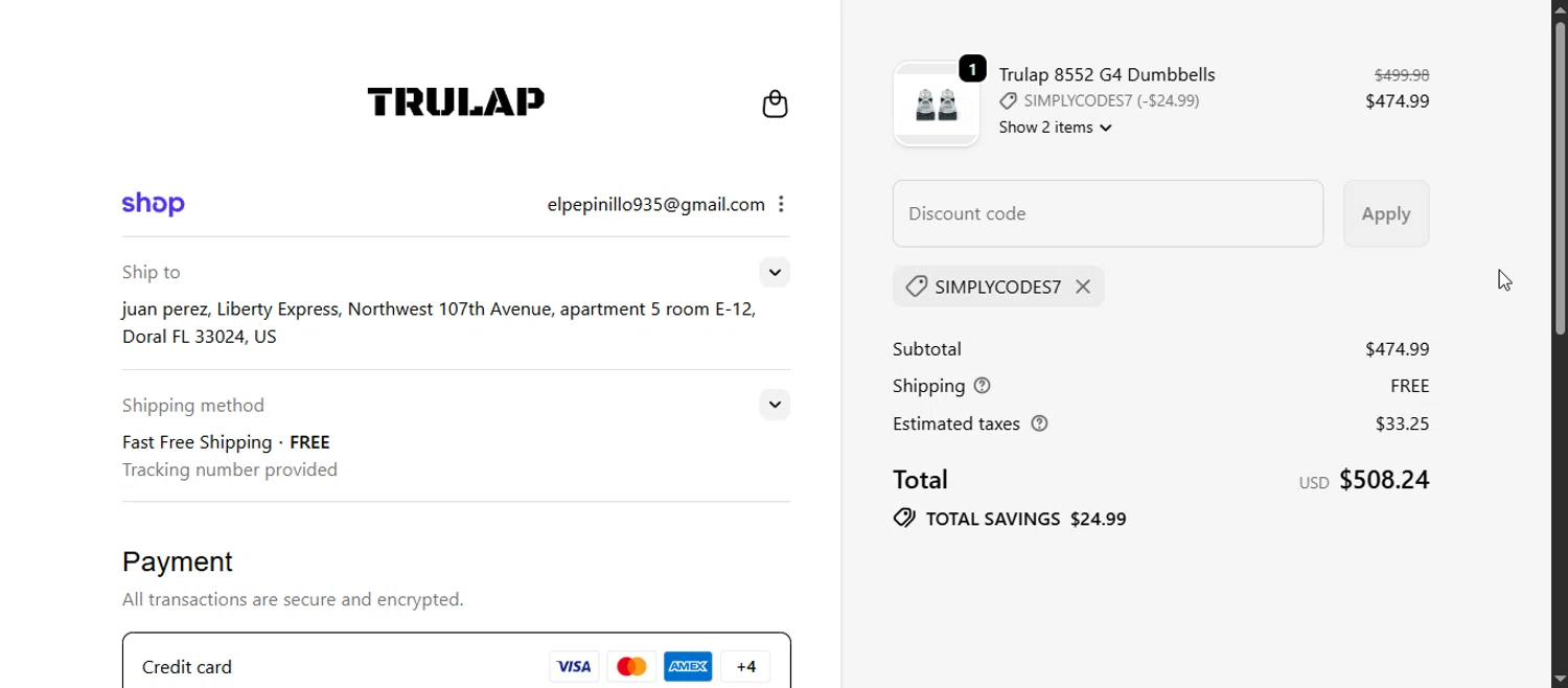 Trulap coupon code screenshot showing code SIMPLYCODES7 applied at Trulap checkout page. Uploaded by SimplyCodes community member Enmanuel99 on Oct 16, 2025