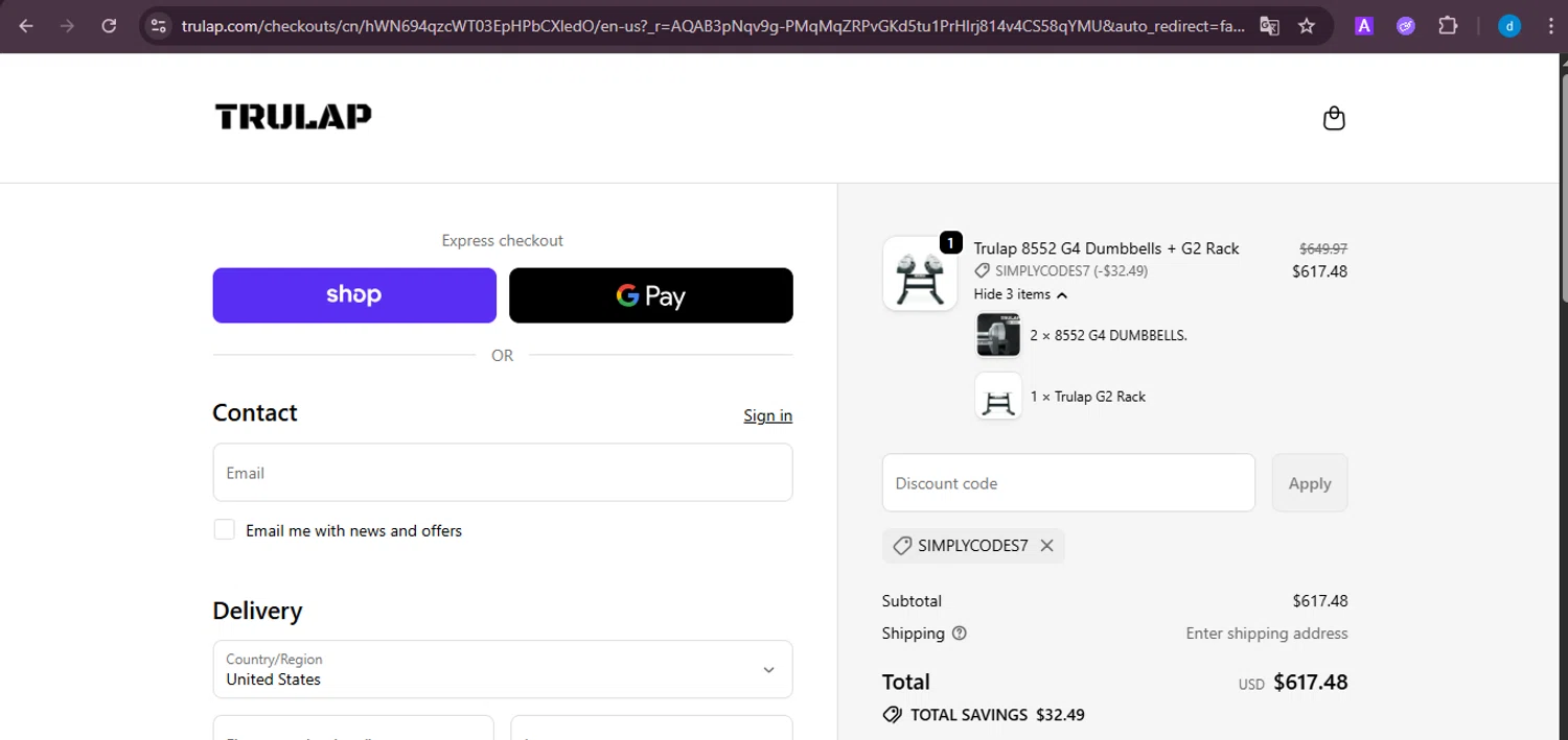 Trulap coupon code screenshot showing code SIMPLYCODES7 applied at Trulap checkout page. Uploaded by SimplyCodes community member ShieldKnight4744 on Dec 7, 2025
