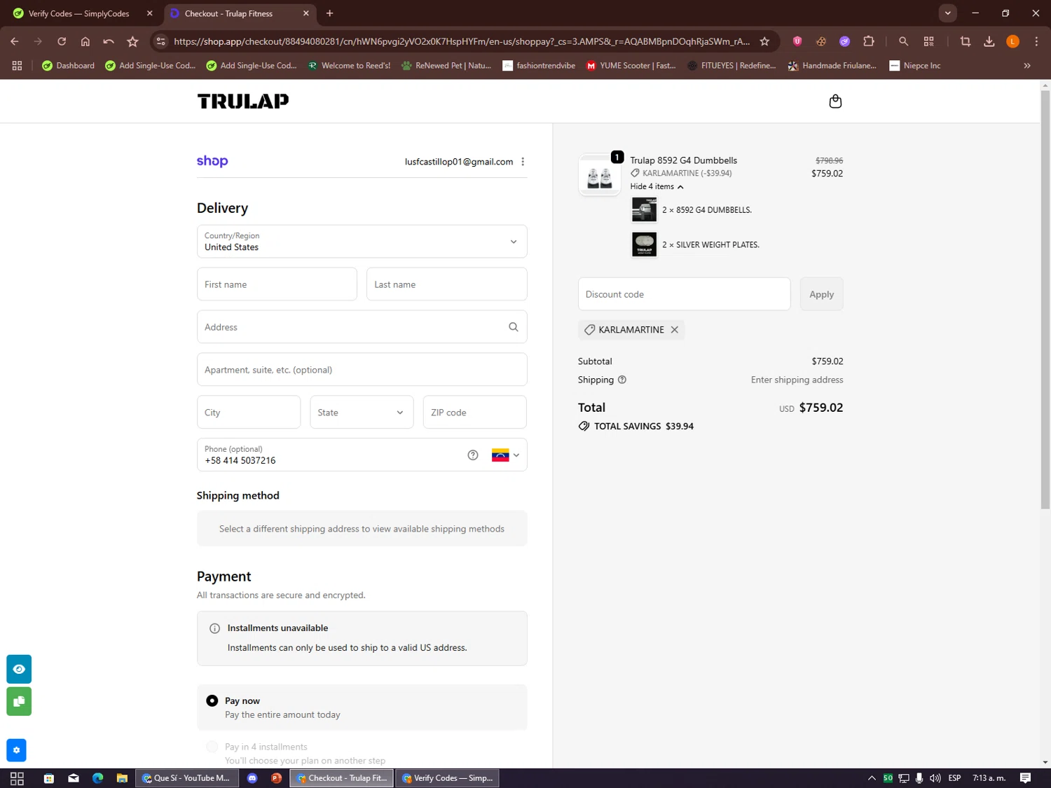 Trulap coupon code screenshot showing code KARLAMARTINE applied at Trulap checkout page. Uploaded by SimplyCodes community member Alalee on Dec 25, 2025