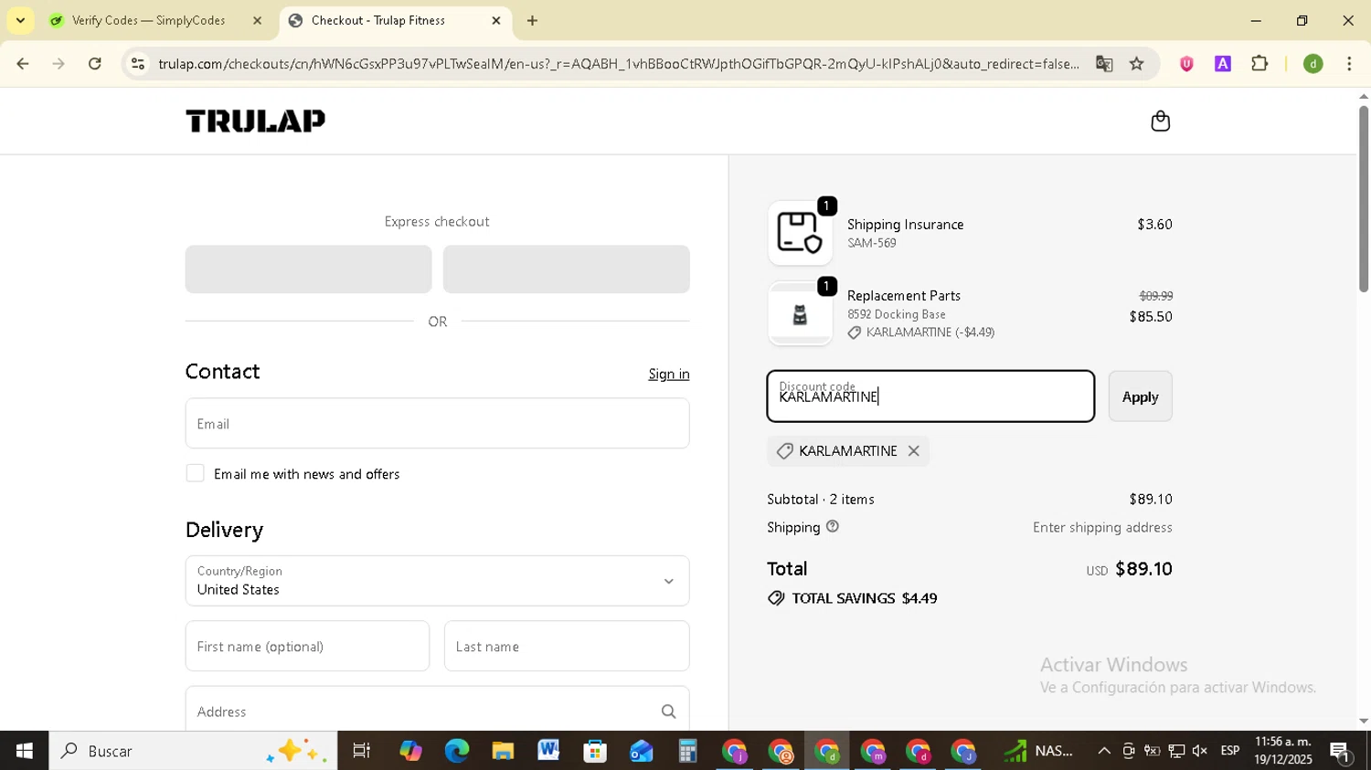 Trulap coupon code screenshot showing code KARLAMARTINE applied at Trulap checkout page. Uploaded by SimplyCodes community member SavingsSentinel833 on Dec 19, 2025