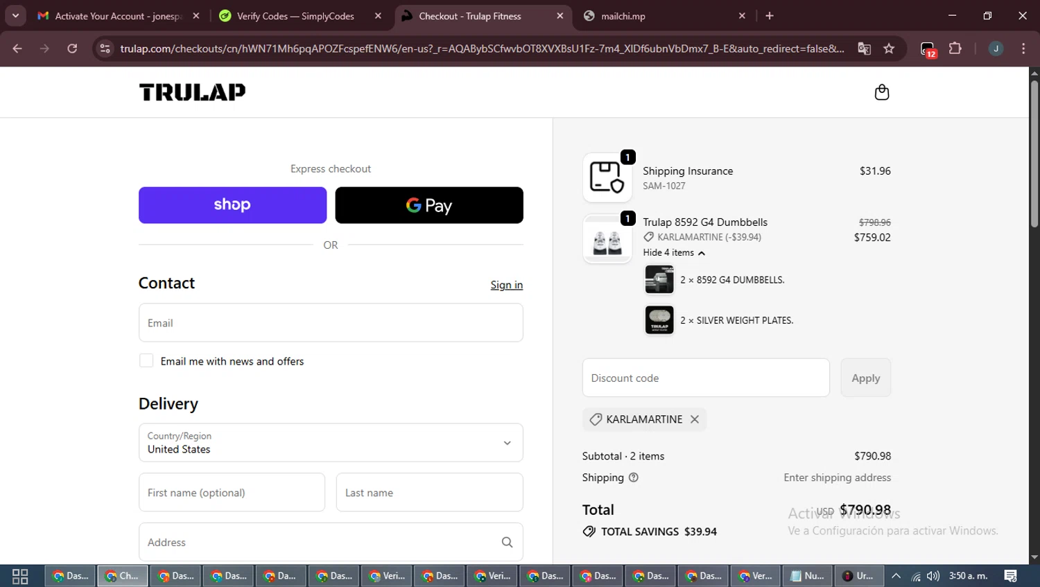 Trulap coupon code screenshot showing code KARLAMARTINE applied at Trulap checkout page. Uploaded by SimplyCodes community member ScanLynx8928 on Dec 30, 2025