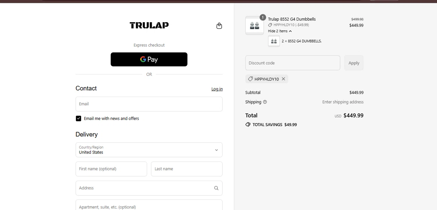 Trulap coupon code screenshot showing code HPPYHLDY10 applied at Trulap checkout page. Uploaded by SimplyCodes community member juanisaac on Aug 31, 2025
