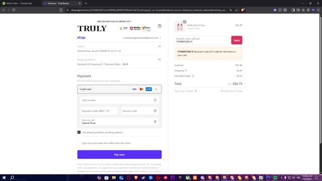 Truly Beauty checkout page showing Truly Beauty discount code box | Screenshot taken by SimplyCodes community member on Sep 14, 2025