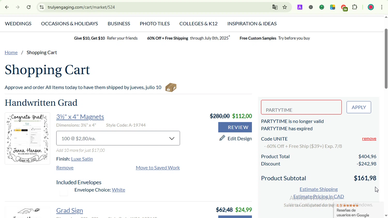 Truly Engaging promo code screenshot showing code PARTYTIME applied at Truly Engaging checkout page. Uploaded by SimplyCodes community member LOVECOUPON on Jul 6, 2025