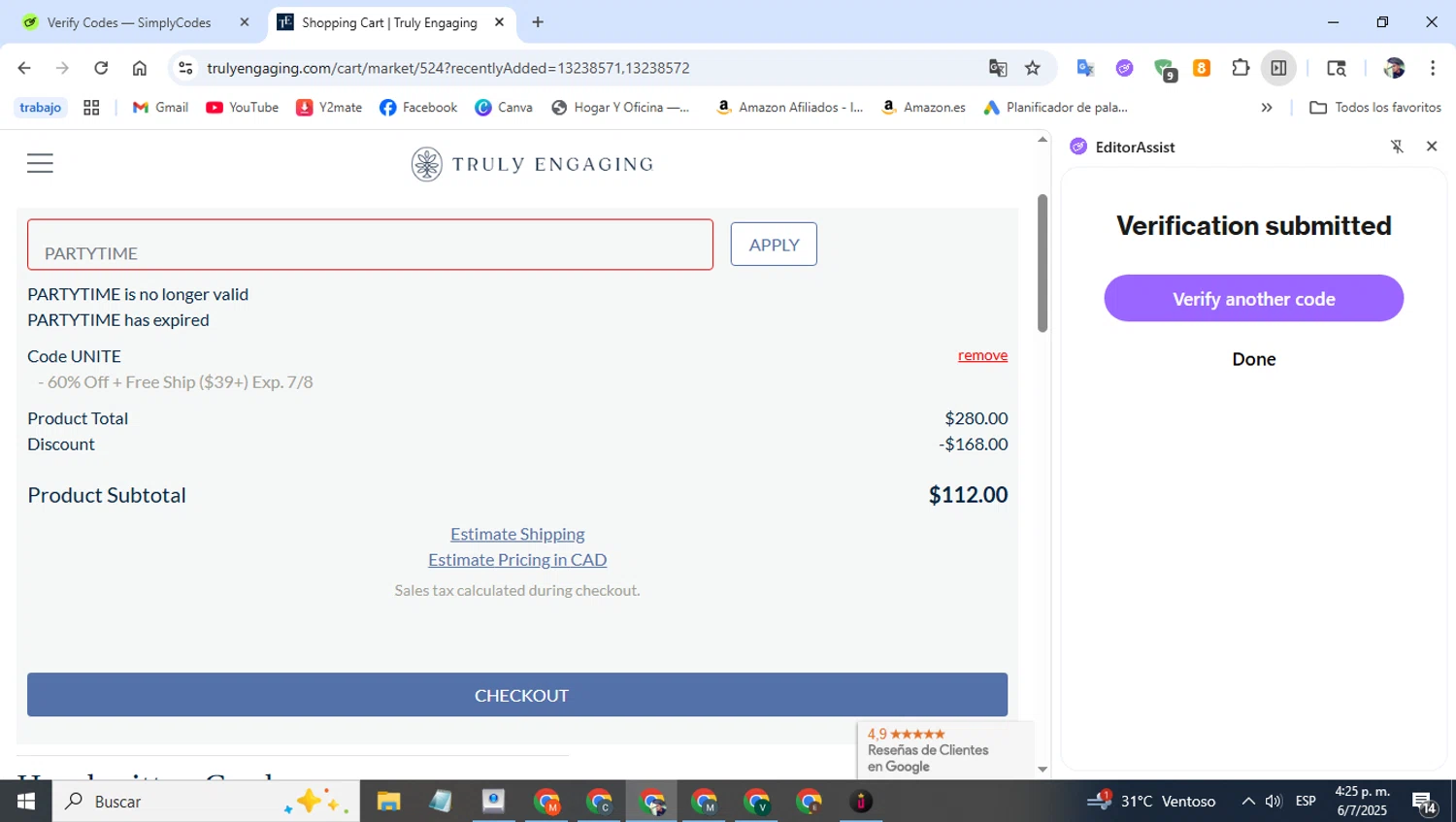 Truly Engaging promo code screenshot showing code PARTYTIME applied at Truly Engaging checkout page. Uploaded by SimplyCodes community member alfredohernandez on Jul 6, 2025