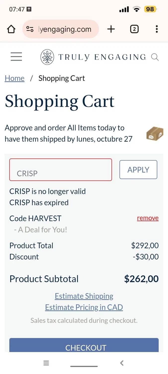 Truly Engaging promo code screenshot showing code CRISP applied at Truly Engaging checkout page. Uploaded by SimplyCodes community member Heinsenberg on Oct 19, 2025