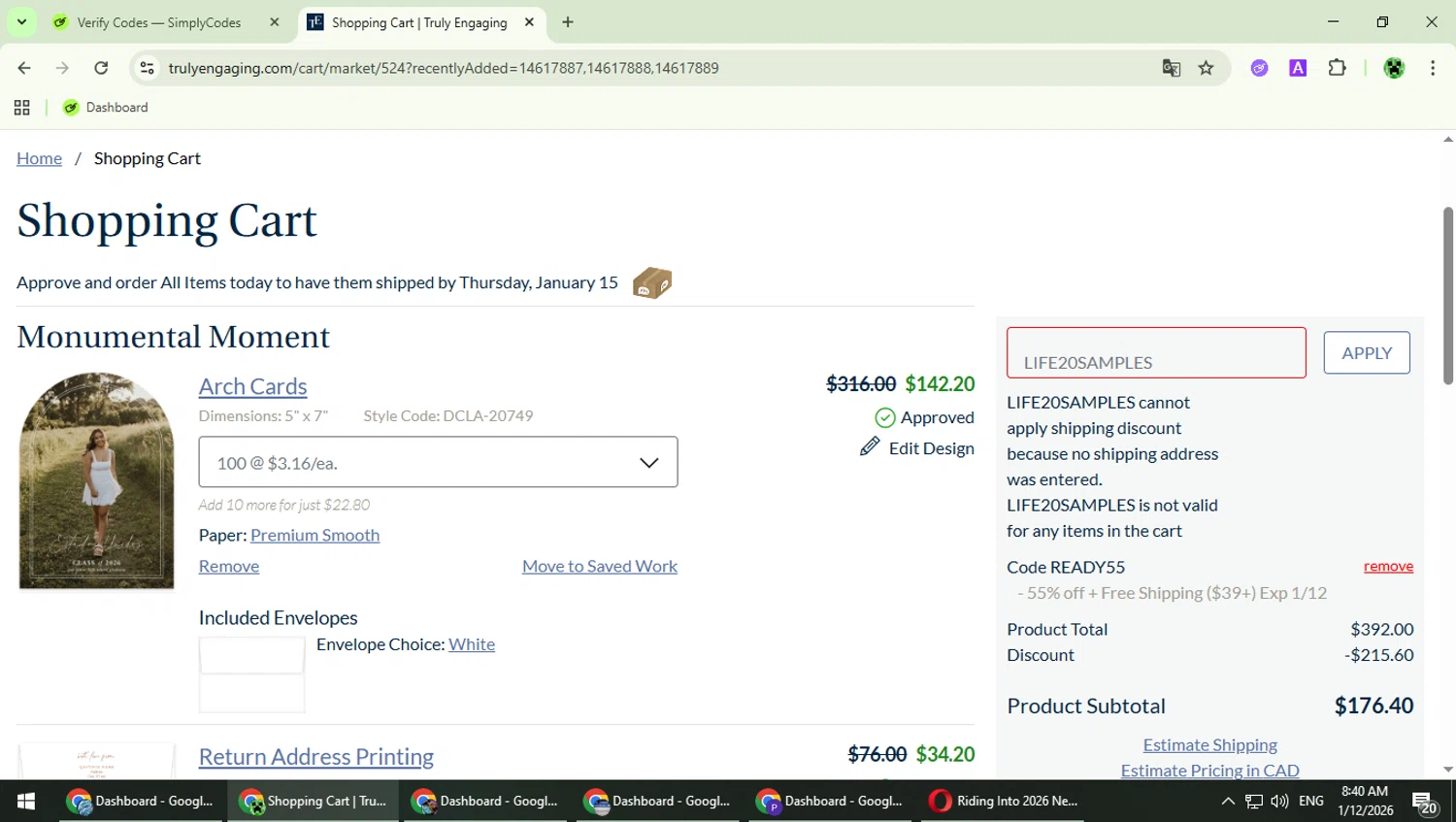 Truly Engaging checkout page showing Truly Engaging promo code box | Screenshot taken by SimplyCodes community member on Jan 12, 2026