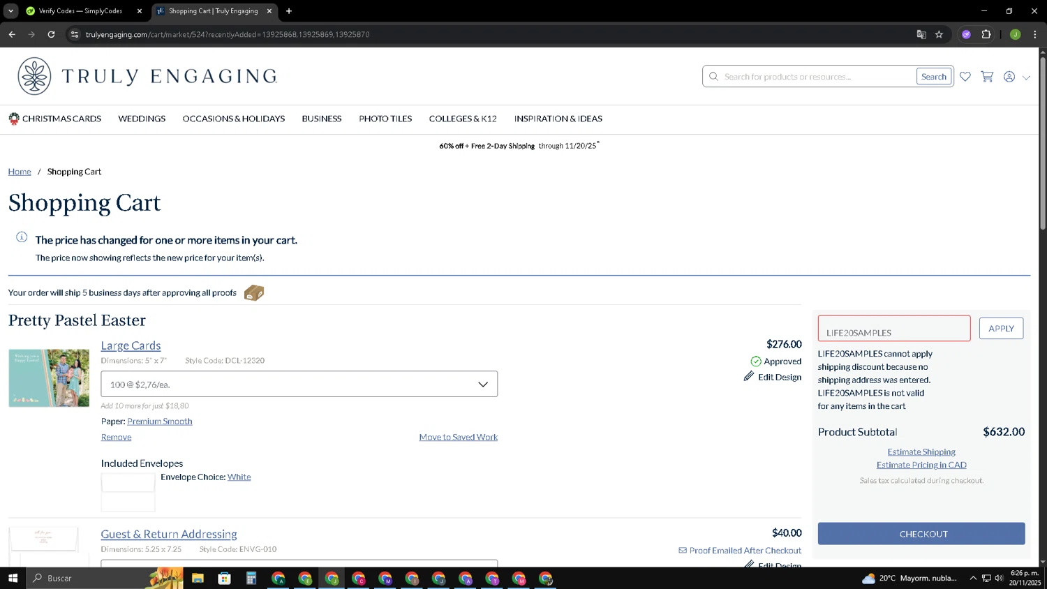 Truly Engaging promo code screenshot showing code LIFE20SAMPLES applied at Truly Engaging checkout page. Uploaded by SimplyCodes community member SAIKOO on Nov 20, 2025