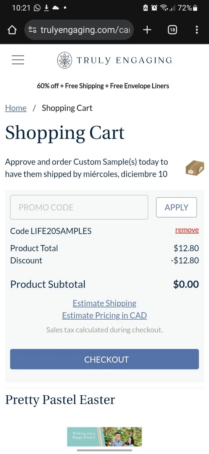 Truly Engaging promo code screenshot showing code LIFE20SAMPLES applied at Truly Engaging checkout page. Uploaded by SimplyCodes community member miguelcrast on Dec 3, 2025