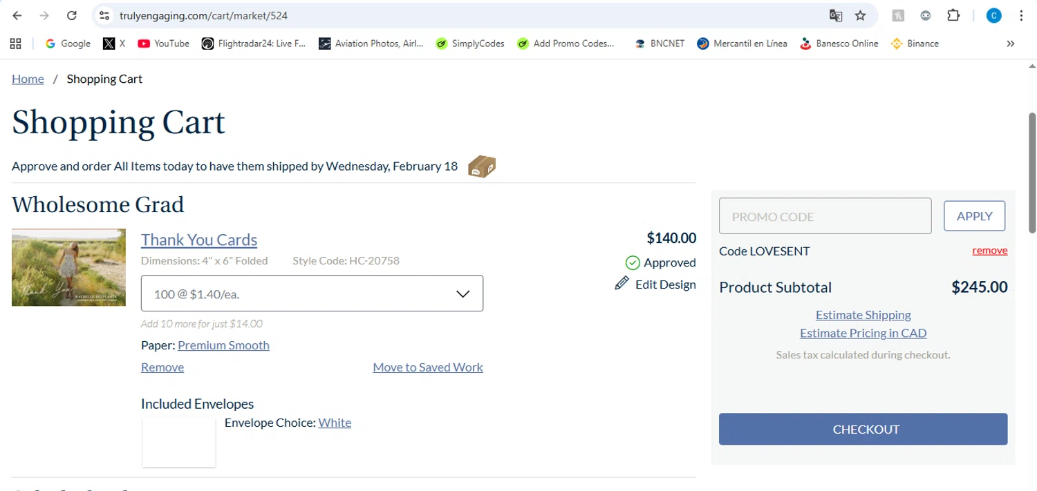 Truly Engaging promo code screenshot showing code LOVESENT applied at Truly Engaging checkout page. Uploaded by SimplyCodes community member victor on Feb 14, 2026