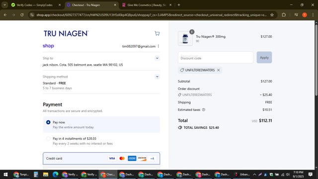 Tru Niagen checkout page showing Tru Niagen promo code box | Screenshot taken by SimplyCodes community member on Sep 1, 2025