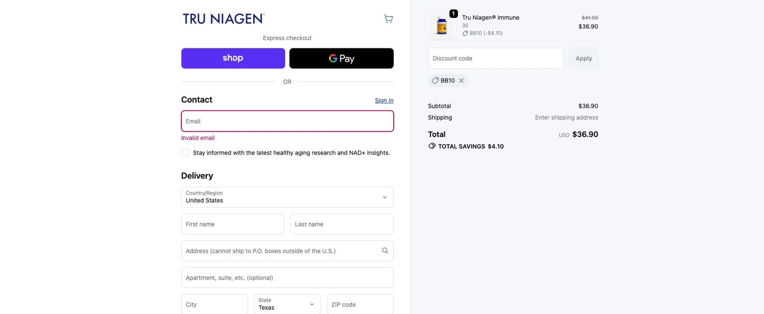 Tru Niagen promo code screenshot showing code BB10 applied at Tru Niagen checkout page. Uploaded by SimplyCodes community member ELOIN777 on Jun 20, 2026