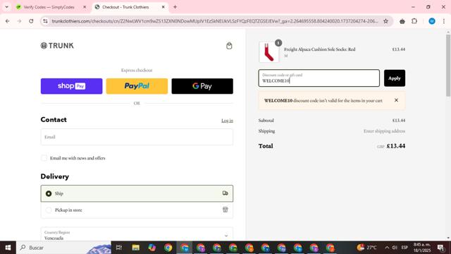 Trunk Clothiers checkout page showing Trunk Clothiers discount code box | Screenshot taken by SimplyCodes community member on Jan 18, 2025