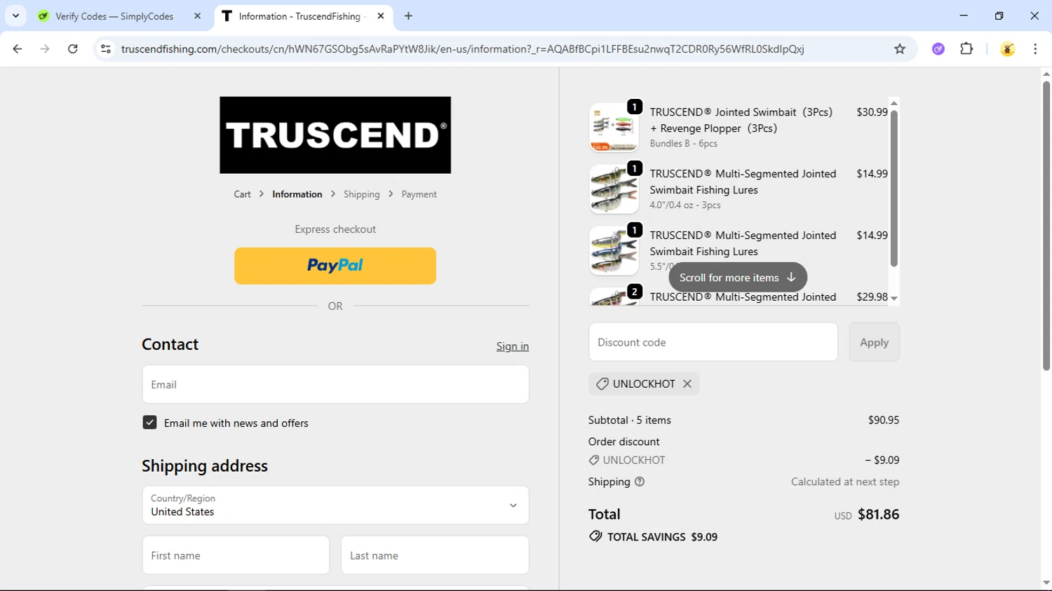 Truscend Fishing promo code screenshot showing code unlockhot applied at Truscend Fishing checkout page. Uploaded by SimplyCodes community member GloriousSage2502 on Dec 6, 2025