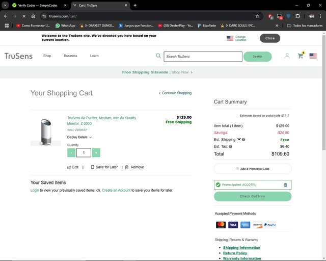 TruSens checkout page showing TruSens promo code box | Screenshot taken by SimplyCodes community member on Jan 25, 2025