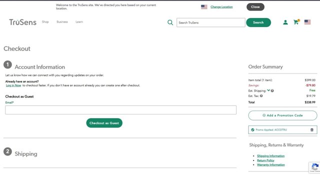 TruSens checkout page showing TruSens promo code box | Screenshot taken by SimplyCodes community member on Jun 20, 2025