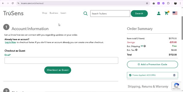 TruSens checkout page showing TruSens promo code box | Screenshot taken by SimplyCodes community member on May 9, 2025