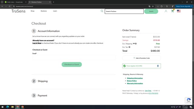 TruSens checkout page showing TruSens promo code box | Screenshot taken by SimplyCodes community member on Mar 11, 2025