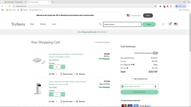 TruSens checkout page showing TruSens promo code box | Screenshot taken by SimplyCodes community member on Apr 2, 2025