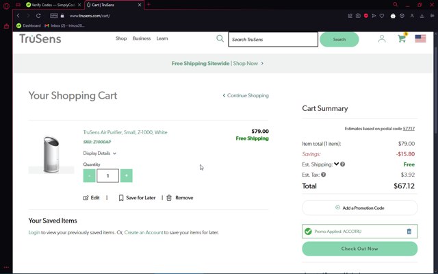 TruSens checkout page showing TruSens promo code box | Screenshot taken by SimplyCodes community member on Nov 13, 2024