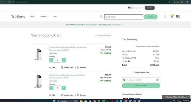 TruSens checkout page showing TruSens promo code box | Screenshot taken by SimplyCodes community member on Oct 15, 2024