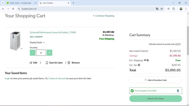 TruSens checkout page showing TruSens promo code box | Screenshot taken by SimplyCodes community member on Feb 9, 2025