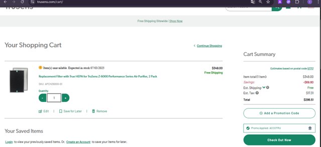 TruSens checkout page showing TruSens promo code box | Screenshot taken by SimplyCodes community member on Jun 27, 2025