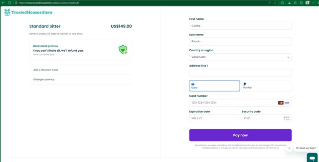 Trusted Housesitters checkout page showing Trusted Housesitters discount code box | Screenshot taken by SimplyCodes community member on Jun 11, 2025