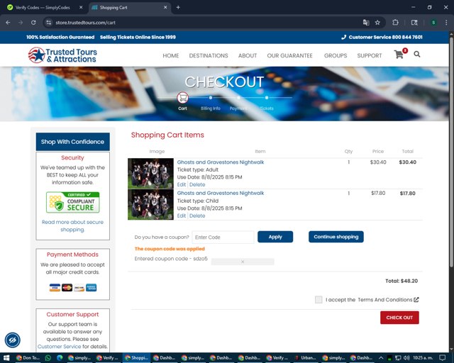Trusted Tours and Attractions checkout page showing Trusted Tours and Attractions coupon code box | Screenshot taken by SimplyCodes community member on Aug 8, 2025