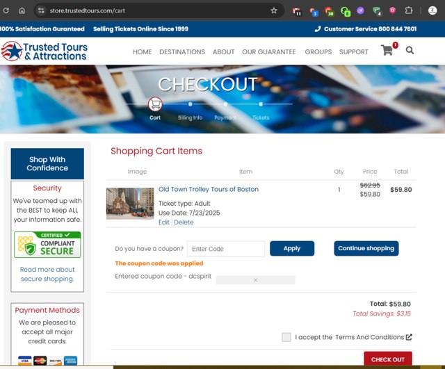 Trusted Tours and Attractions checkout page showing Trusted Tours and Attractions coupon code box | Screenshot taken by SimplyCodes community member on Jul 23, 2025