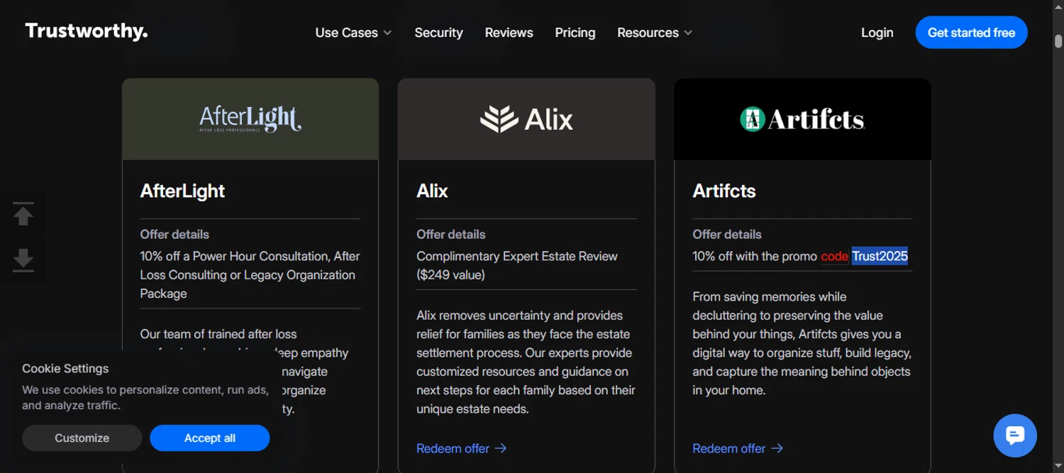 Trustworthy promo code screenshot showing code Trust2025 applied at Trustworthy checkout page. Uploaded by SimplyCodes community member 111111 on Oct 11, 2025