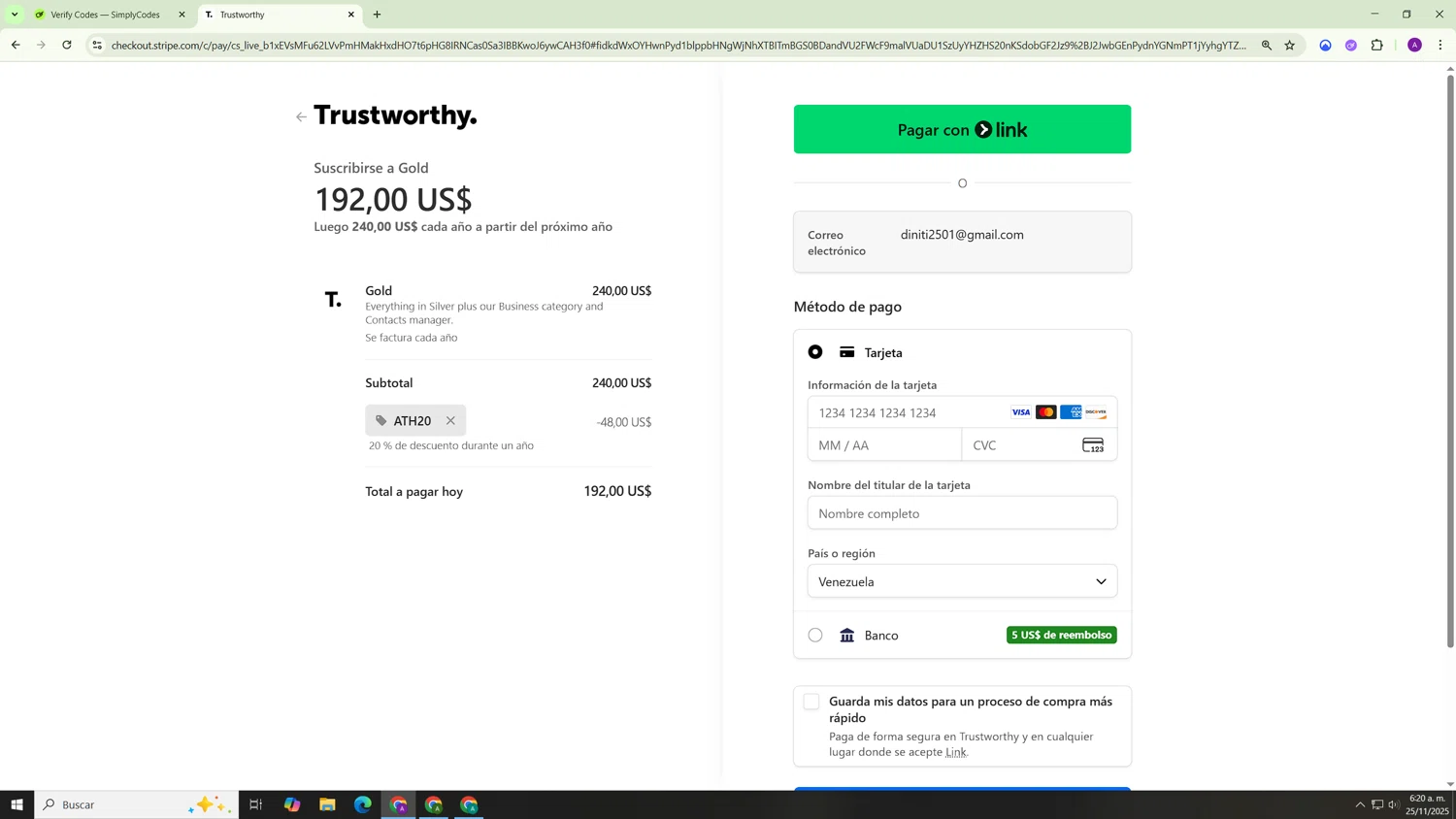 Trustworthy promo code screenshot showing code ATH20 applied at Trustworthy checkout page. Uploaded by SimplyCodes community member Hasta_El_Final on Nov 25, 2025