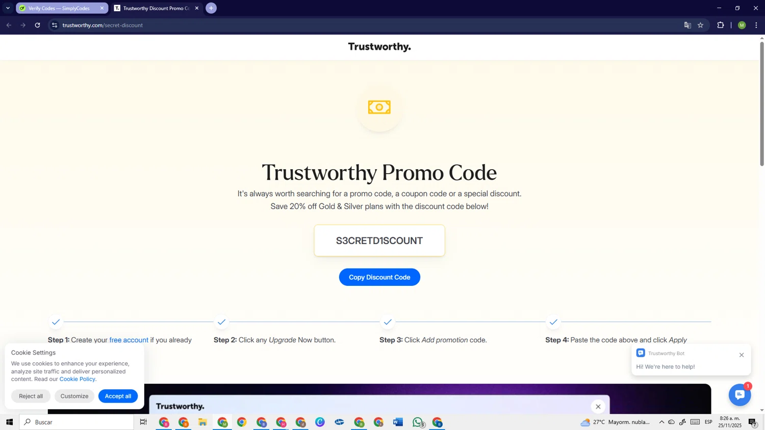 Trustworthy promo code screenshot showing code S3CRETD1SCOUNT applied at Trustworthy checkout page. Uploaded by SimplyCodes community member PrimeSage6924 on Nov 25, 2025